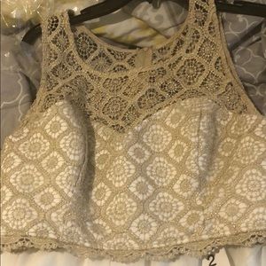 2 piece white and gold prom dress. Gold shoes.